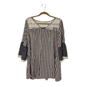 NWOT Umgee Boho Mixed Print Embroidered Lace Tunic - Blue Brown Cream - Large